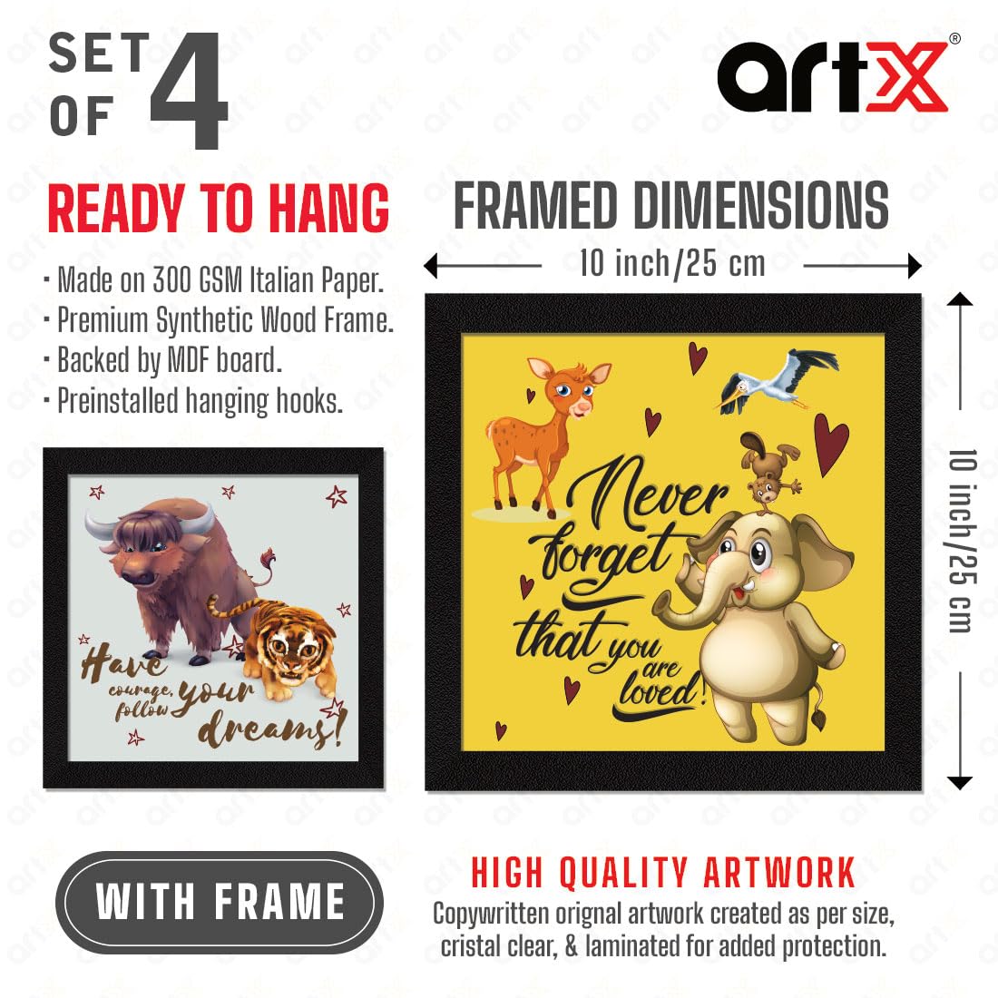 Artx Set Of 4 Cartoons Animals Kids Room Wall Art Painting, Framed Paintings 20 X 20 Inches, 10 X 10 Each, Multicolor, Synthetic